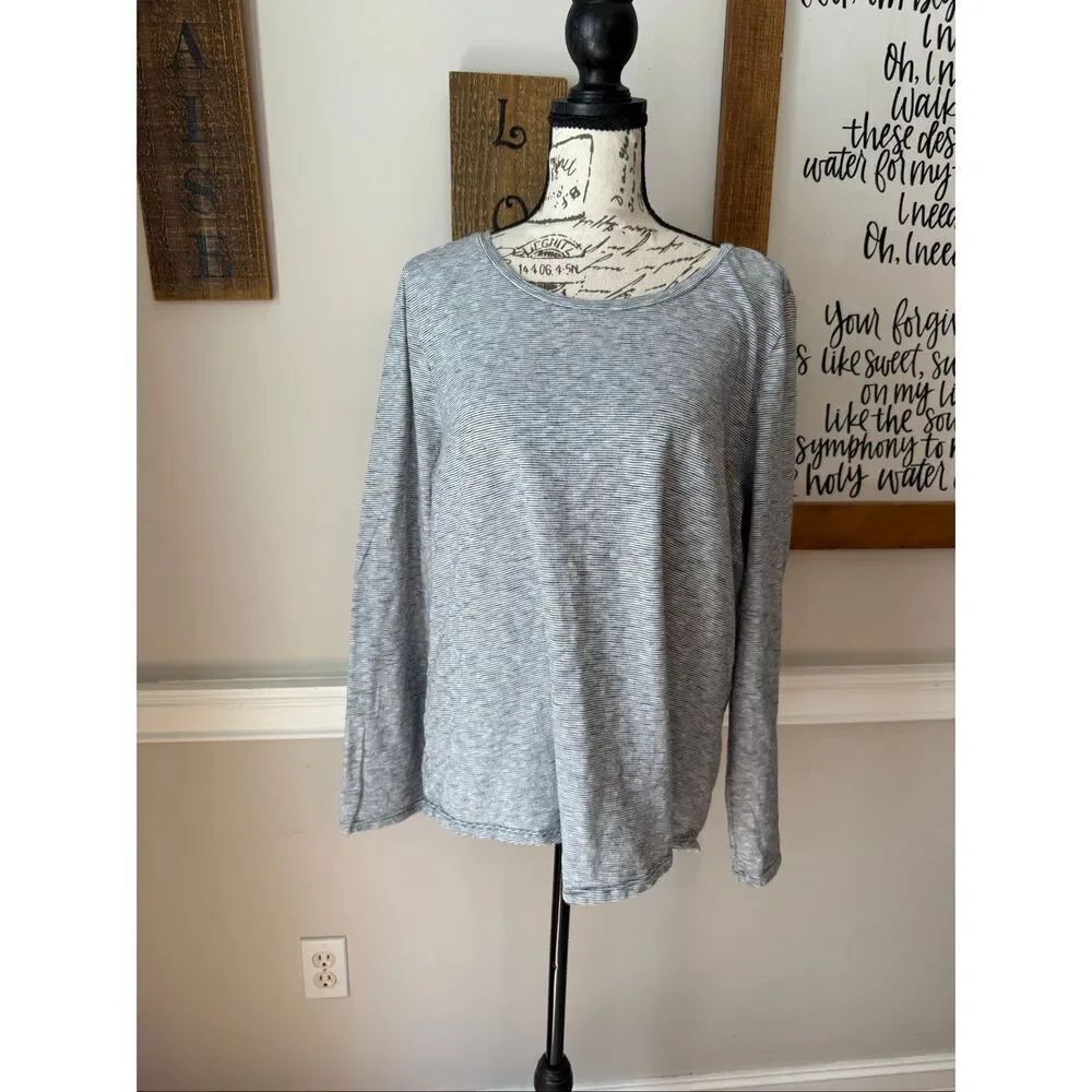 Ann Taylor LOFT Womens Striped Long Sleeve Round Neck T-Shirt Navy Blue White XL